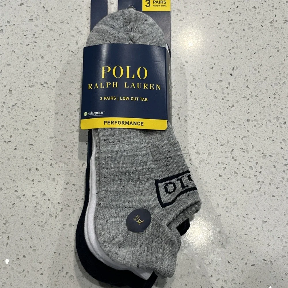 Polo Ralph Lauren Mens White Gray Technical Sport 3 Pair Athletic Socks One Size
